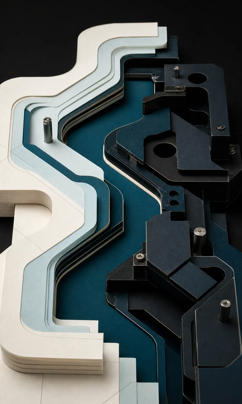 Layered paper and engineered modules joining around one shared route