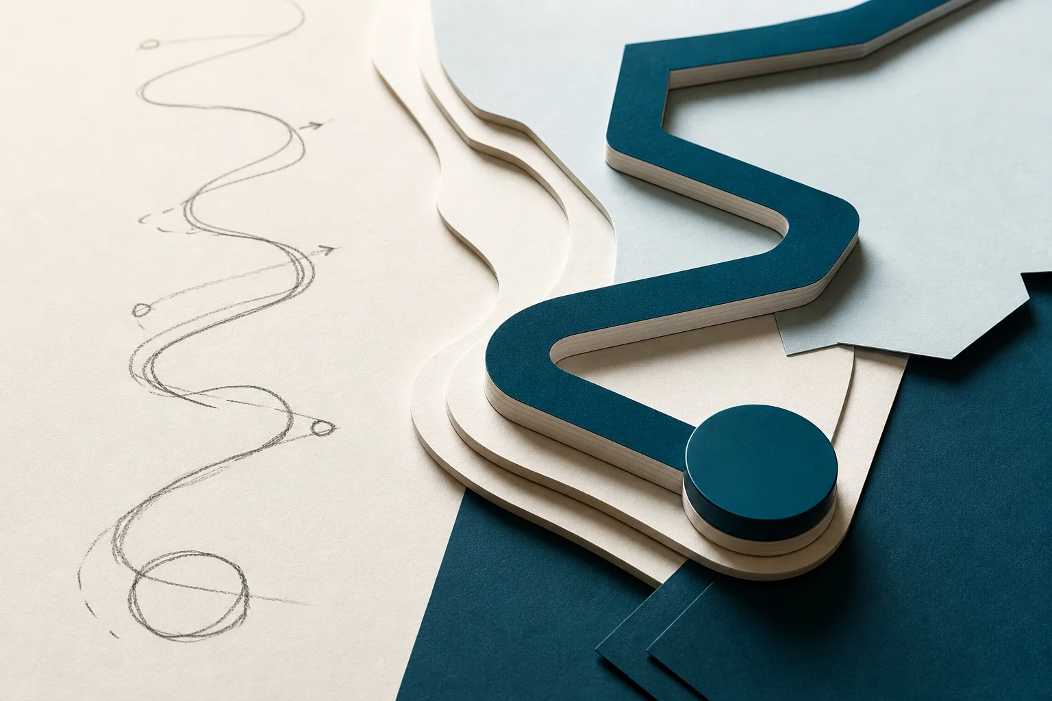 A loose graphite path becoming a precise raised route through layered paper