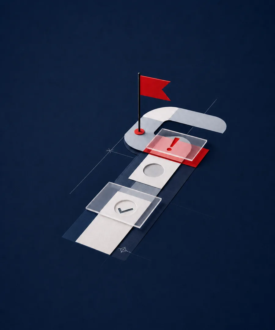 A red flag marker and translucent barrier layered over a clear geometric path